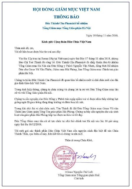 Thư Thông báo của Đức cha Chủ tịch Hội đồng Giám mục về Tân Tổng giám mục Hà Nội