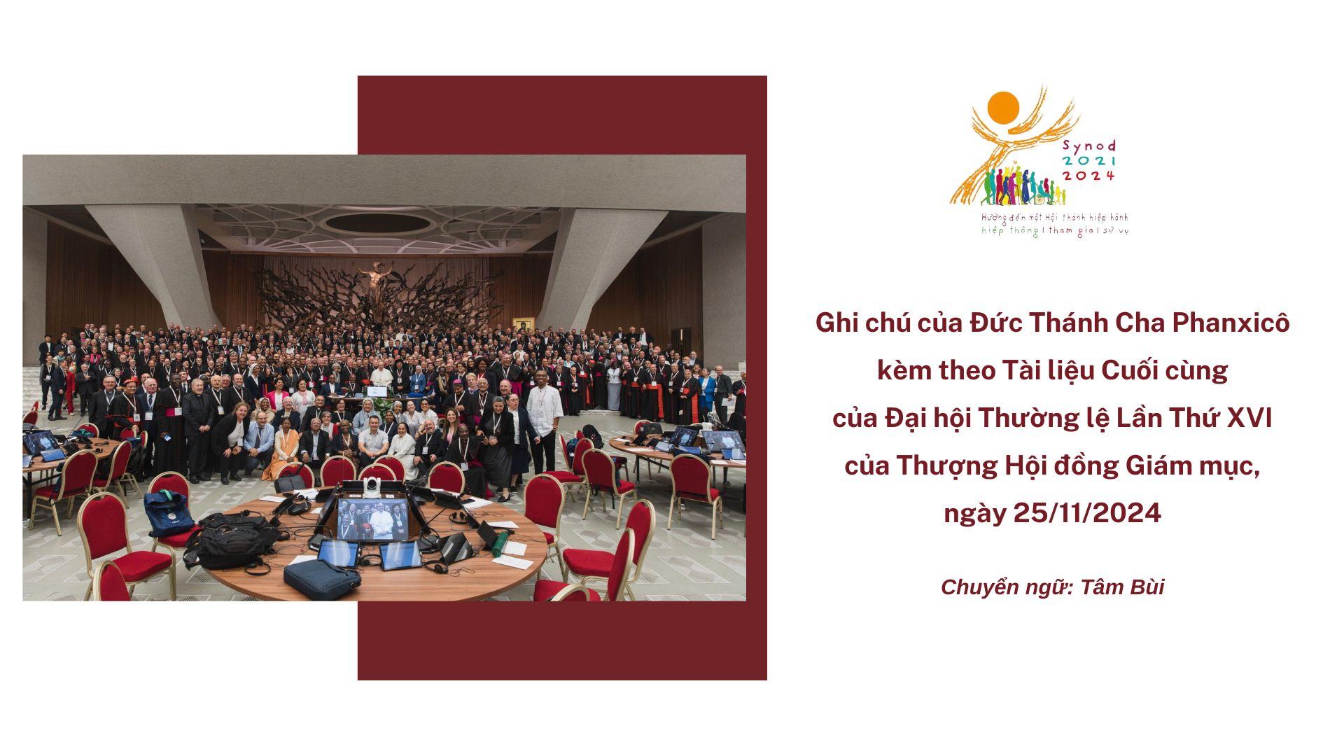 Ghi chú của Đức Thánh Cha Phanxicô kèm theo tài liệu cuối cùng của Đại Hội thường lệ lần thứ XVI của Thượng hội đồng Giám mục, ngày 25/11/2024